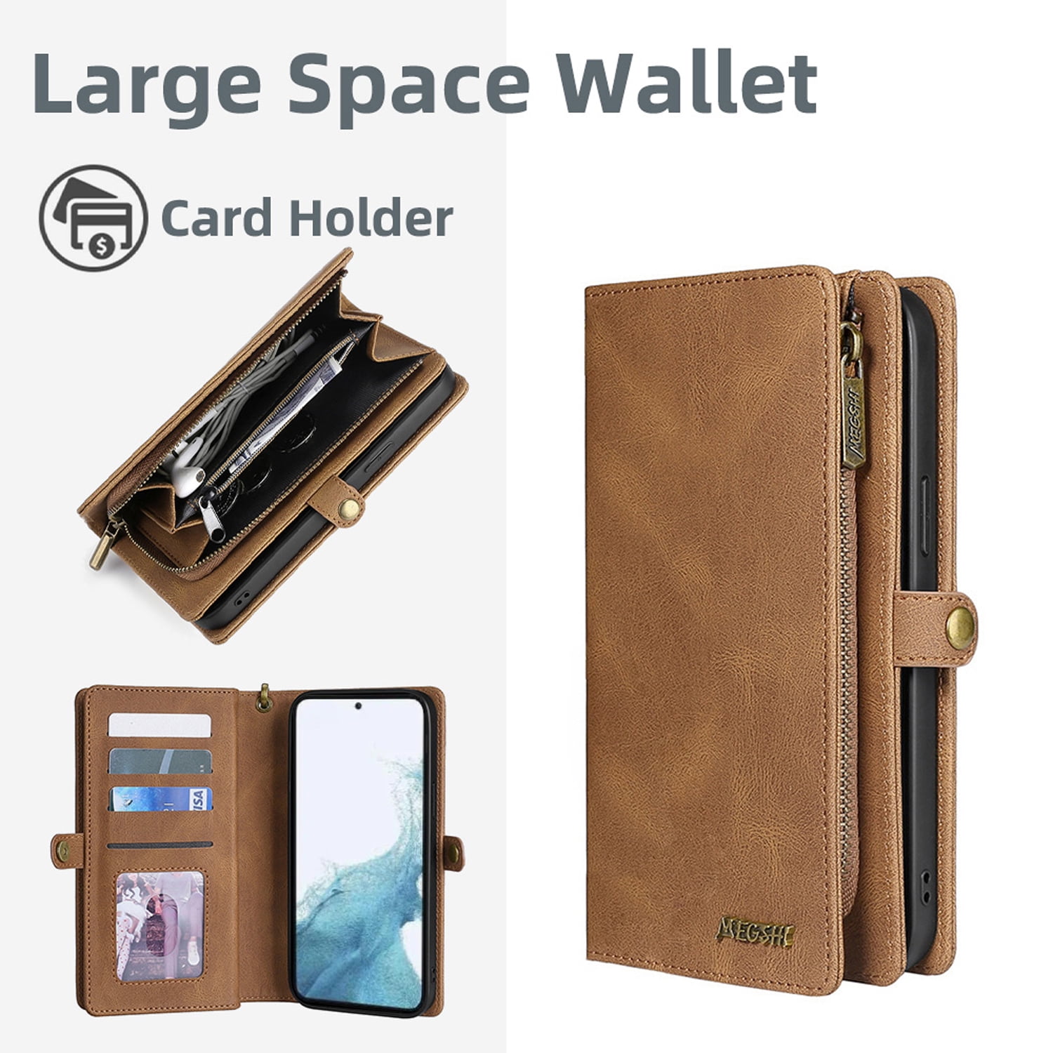 for Samsung Galaxy S24 Plus Wallet Case, Durable PU Leather 2-in-1 Detachable Magnetic Flip Phone Case for Samsung Galaxy S24 Plus Case Wallet with Card Holder Slots Zipper Pouch for Women Men,Brown