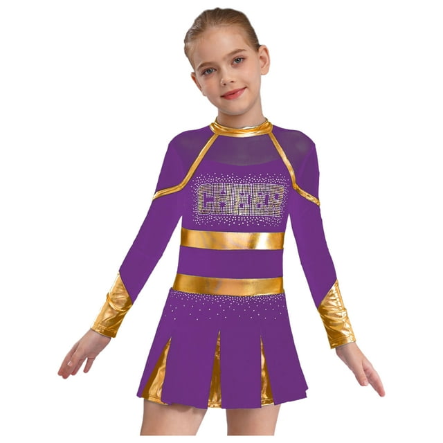 Kids Girls Cheerleading Uniform Outfits Long Sleeve Rhinestones Pleated Dress Cosplay Dress Purple 16