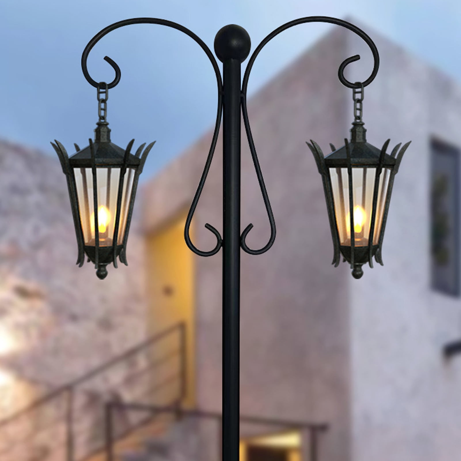 Sylvtty Outdoor Shepherd Hook Double Hooks Heavy Duty Bird Feeder Pole Shepherd Hook with 5-Prong Base for Hanging Plants Lanterns Wind Chimes