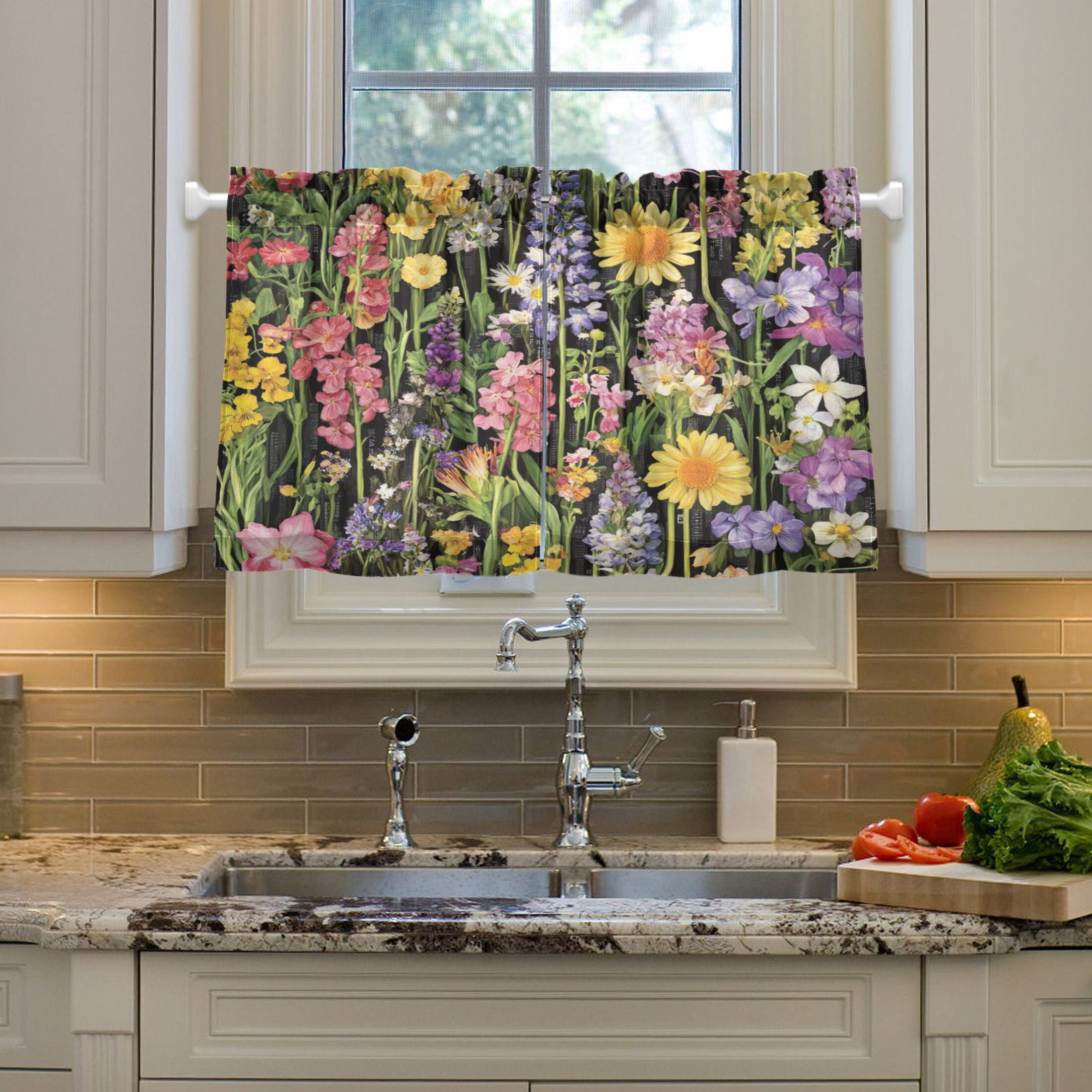 Spring Garden on Black 27"x36" Linen Look Cafe Curtain Set with Privacy and UV Protection