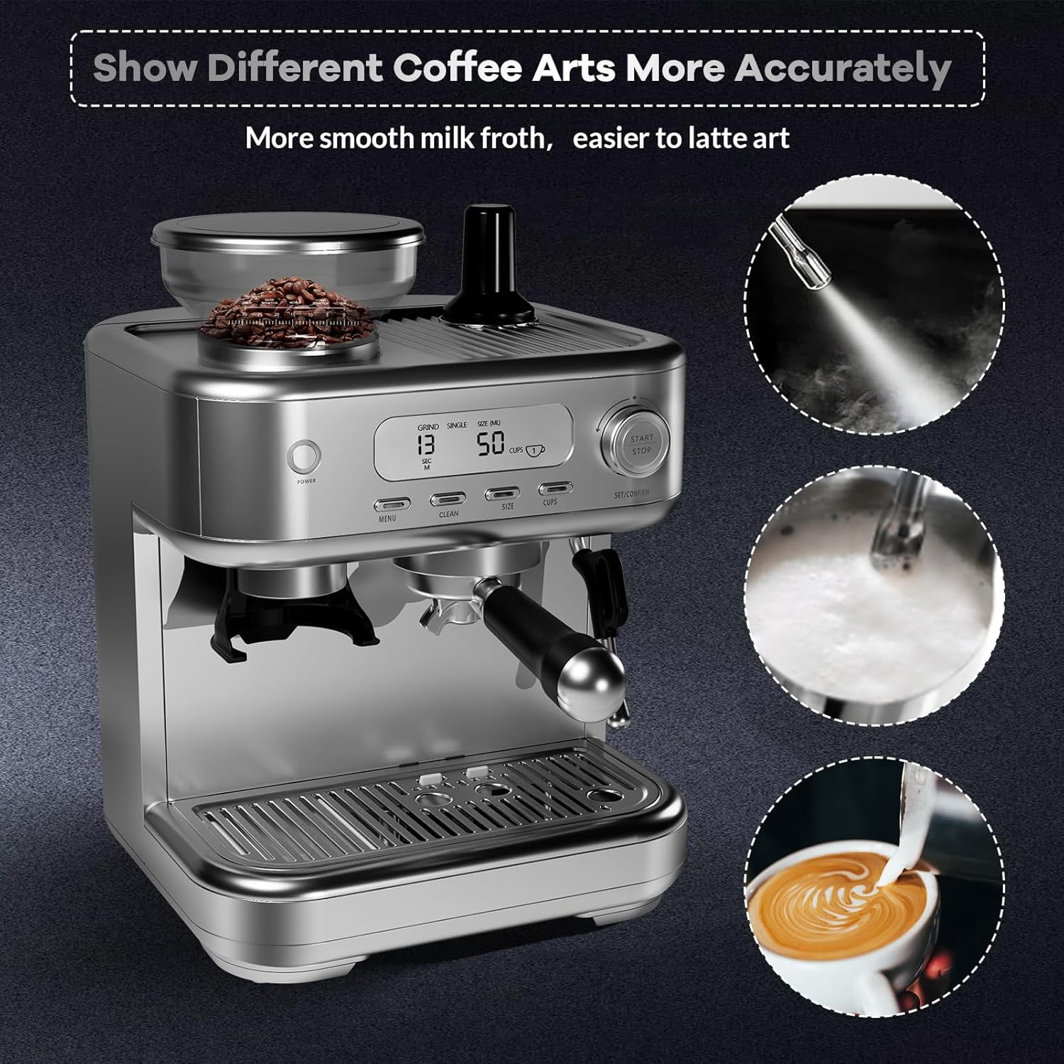 ATENOW Espresso Machine 15 Bar, LCD Display Espresso Maker with Grinder, Milk Frother and PID Temperature Control, Professional Coffee Maker for Latte Cappuccino - 8.8 Oz Bean Hopper