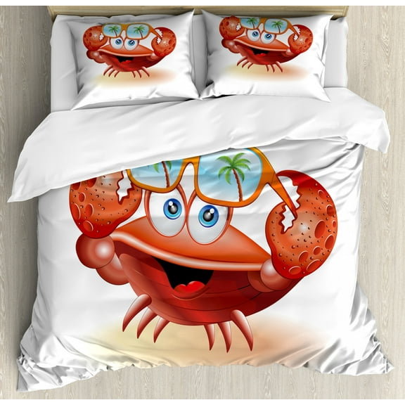 Crabs Queen Size Duvet Cover Set, Comical Oceanic Character Looking Under His Sunglasses with Palm Trees, Decorative 3 Piece Bedding Set with 2 Pillow Shams, Vermilion Orange Blue, by Ambesonne