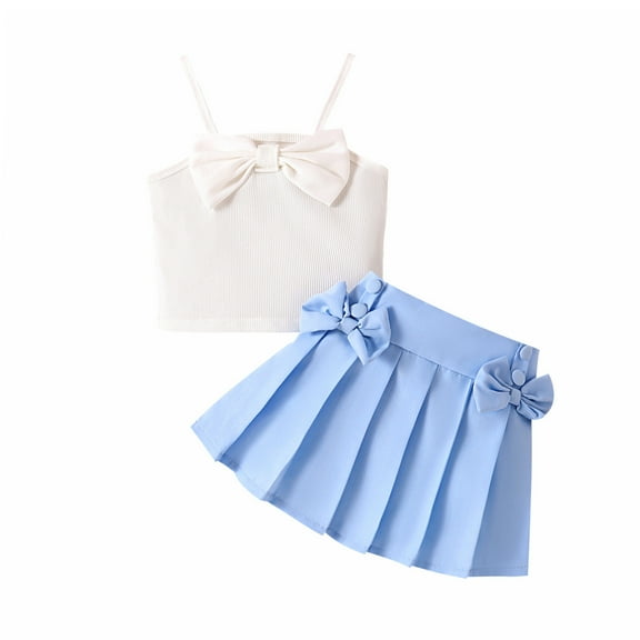 Fesfesfes Children's Casual Summer Set 1-5 Years Girls' Fashion Solid Color Strap Sleeveless Tops Double Bow Pleated Skirt Set(Blue,1 Years)