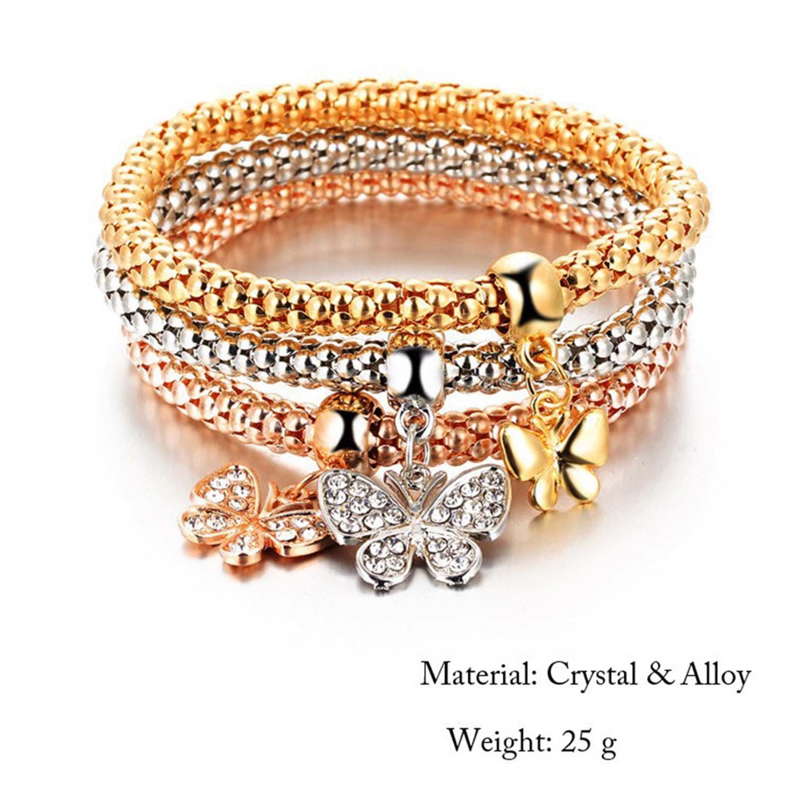 FengLS 3Pcs Gold/Silver/Rose Gold Corn Chain Bracelet for Women Girl Multilayer Bracelets Stretch Crystal Charms Heart Shaped Stretch Bracelet 