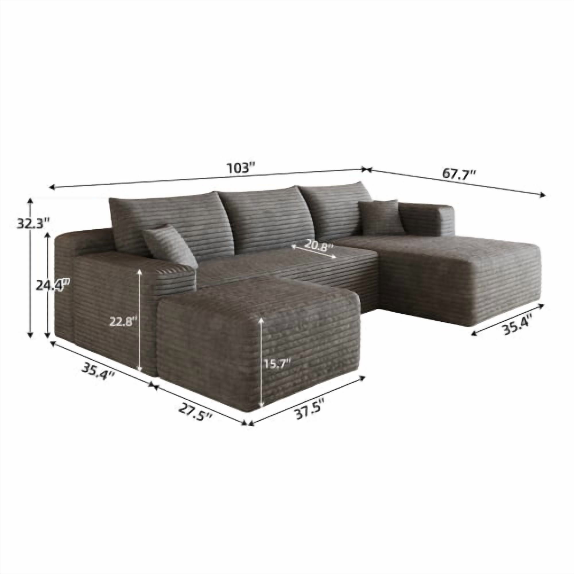 103" Cloud Sectional Sofa, Modern L Shaped Deep Seat Couch, Plush Corduroy Upholstered Sofa No Assembly, Living Room