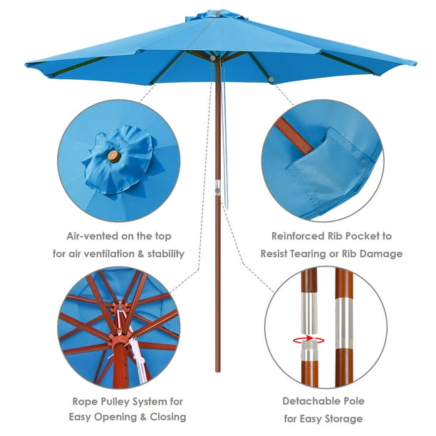 LAGarden 9ft Wooden Outdoor Patio Blue Umbrella W/ Pulley Market Garden  Yard Beach Deck Cafe Sunshade 