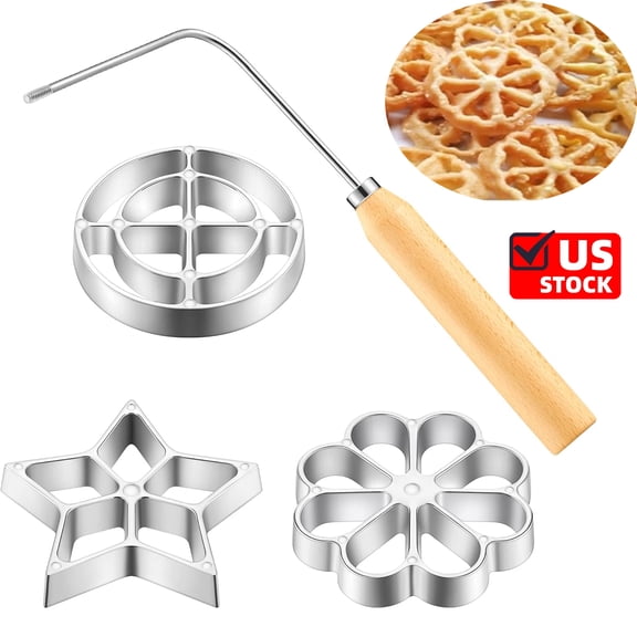 Achappam Mold Bunuelos Mold with Handle Rosette Maker Rosette Cookie Bunuelos Tool Stainless Steel Cast Waffle Molds Set with 3 Interchangeable Heads Star Flower Circle for Kitchen Baking Cooking