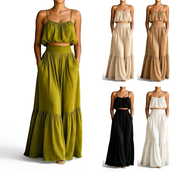 CHUMUD Womens Sets 2 Piece Outfits Skirts Summer Trendy Spaghetti Strap Ruffled Crop Top & High Waist Maxi Skirt Casual Going Out Vacation