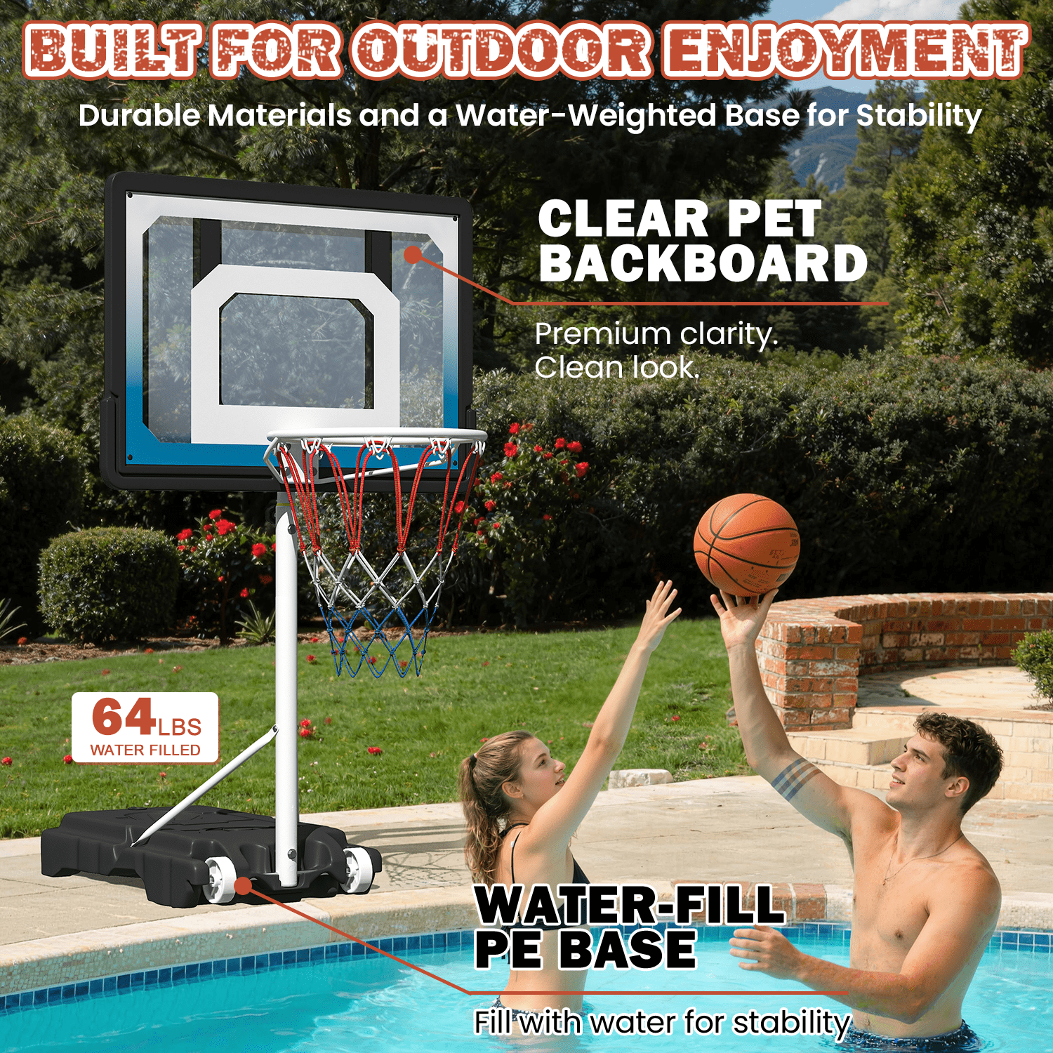 Danrelax Pool Basketball Hoop, Height Adjustable 3.9" to 6.9", Blue PE Frame, Water Base, Includes Air Pump, 8-Inch Rubber Ball, Indoor & Outdoor Use