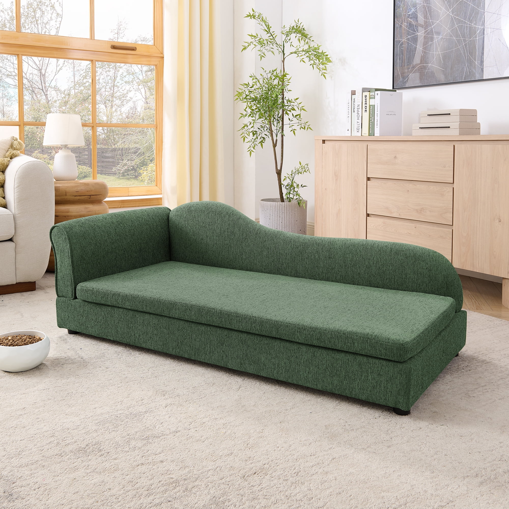 Oversized Pet Sofa for Medium Large Dogs, Modern Irregular Wave Backrest, Single Armrest, Premium Breathable Linen Fabric, Soft Cushion & Low Plastic Feet, Olive Green