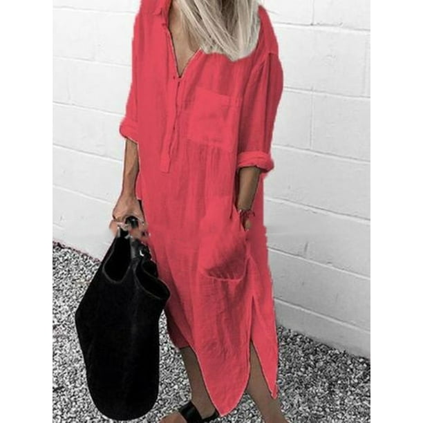 Summer Shirt Long Dress Women Casual Long Sleeve Side Split Button Dresses 2023 Female Elegant Solid Color Pocket Loose Dresses5XL Gao Jinjia LED