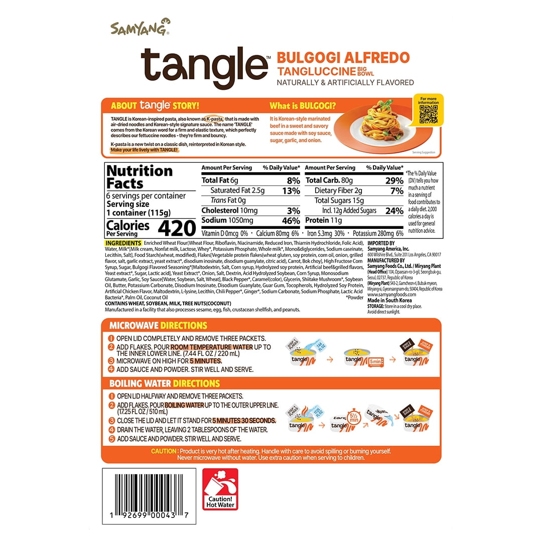 Tangle Bulgogi Alfredo Tangluccine, Instant pasta, microwaveable (Big Bowl 4.06 OZ Pack of 6)