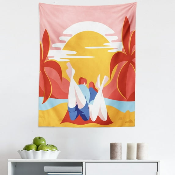 Beach Tapestry, Colorful Summer Romance Cartoon Image of Young Couple on Sands with Palm Trees Ocean, Fabric Wall Hanging Decor for Bedroom Living Room Dorm, 5 Sizes, Multicolor, by Ambesonne