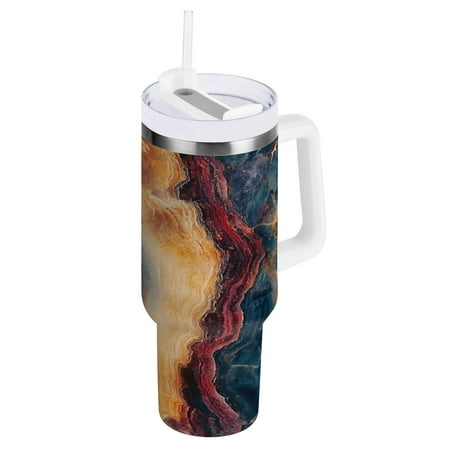 

40oz Travel Mug with Straw Car Bottle Insulated Mug with Handle Reusable Stainless Steel Water Bottle for Car Travel Home Multicolor Marble Texture