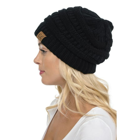 C.C Hat-20A Slouchy Thick Warm Cap Hat Skully Color Cable Knit Beanie Black