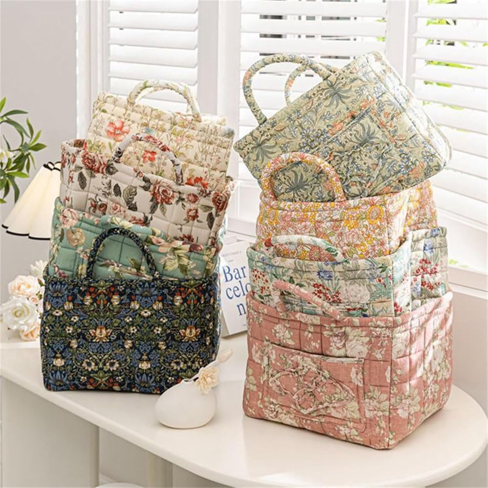 Eagerlyous/Eagerlyus Boho Fabric Storage Basket, Boho Laundry Basket with Handle, Large Capacity Tote Bag with Front Pocket, Foldable Square-Shaped Floral Storage Basket Home Organizatio