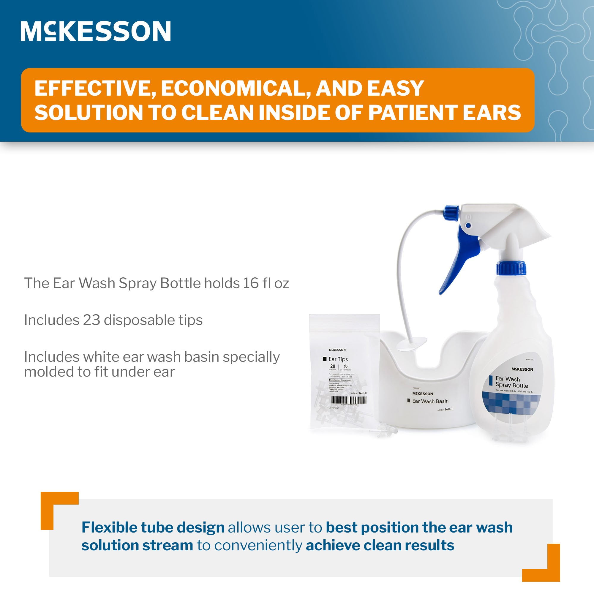 McKesson Ear Wash System Kit, Flexible Tube, Ear Wash Basin, and Ear Tips, 16 oz. Bottle, 1 Count, 1 Pack