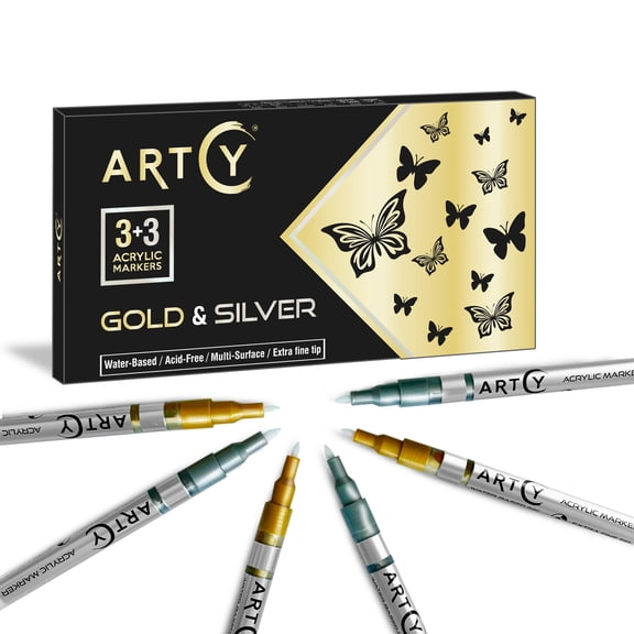 Acrylic Paint Pens - 3 Gold and 3 Silver Acrylic Paint Markers Extra Fine Tip (0.7mm) | Great for Rock Painting, Canvas, Glass, Porcelain, Fabric, Paper, Pottery and Plastic