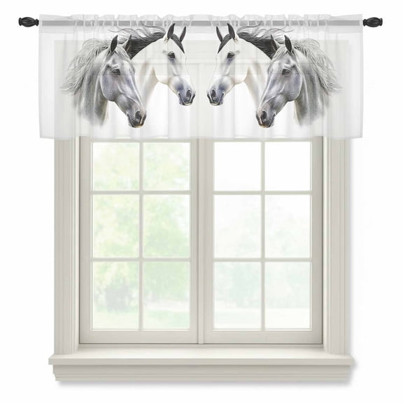Horse Print Valance Curtains for Kitchen/Living Room/Bathroom/Bedroom Window, Rod Pocket Small Topper Half Short Window Curtains Voile Sheer Scarf, Modern Watercolor Grey White Animals 54"x18"