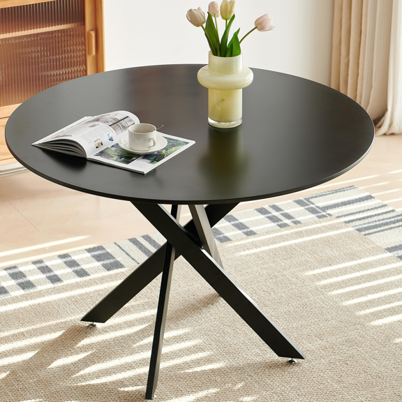 KATBOC 47.2in Round Dining Table, Modern MDF Top with Industrial Cross Base, Space-Saving Design for Kitchens & Small Spaces, Black
