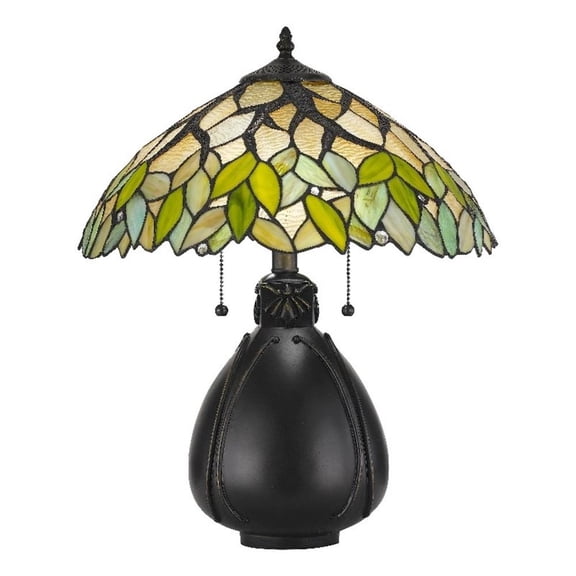 Benjara 2 Bulb Table Lamp with Leaf Design Glass Shade- Multicolor