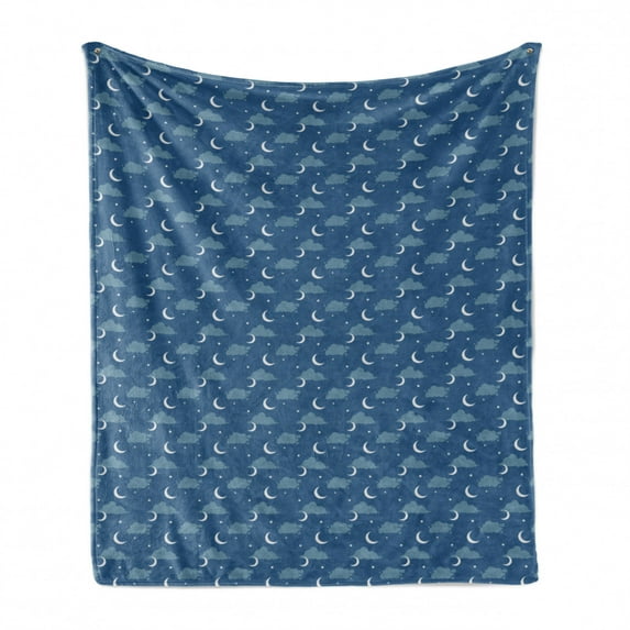 Night Soft Flannel Fleece Throw Blanket, Moon Clouds Stars Illustration Nursery Themed Sleep Time Sky Repetitive Motifs, Cozy Plush for Indoor and Outdoor Use, 70" x 90", Dark Sky Blue, by Ambesonne