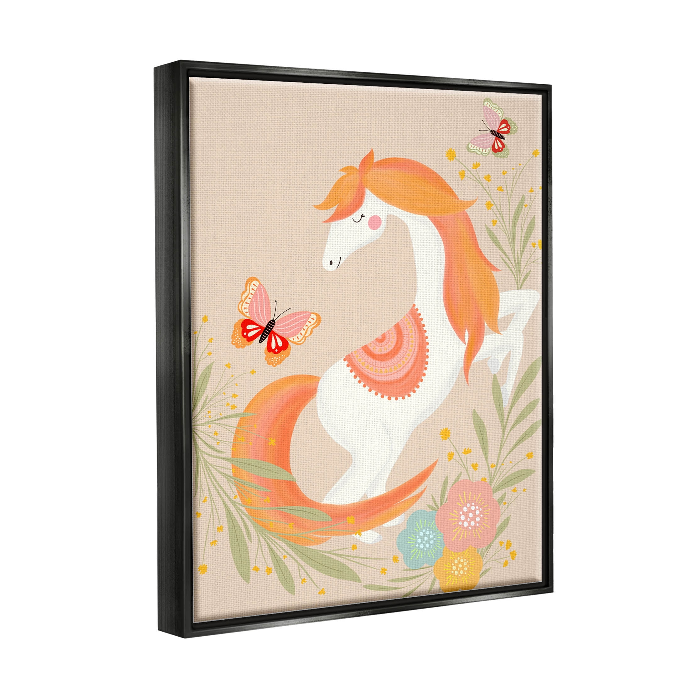 Stupell Industries Smiling Horse Floral Nature Butterflies Graphic Art Jet Black Floating Framed Canvas Print Wall Art, Design by Nikita Jariwala