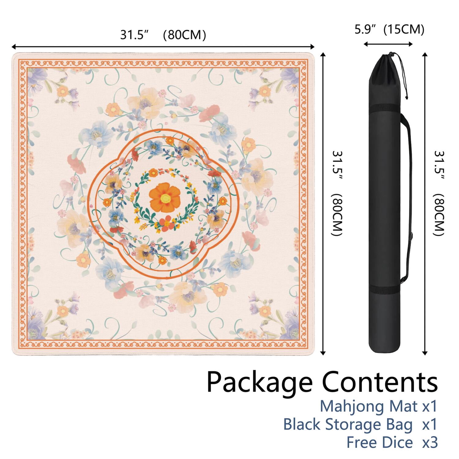 Flowers Mahjong Mat with Rules, 31.5*31.5in Anti Slip Mahjong Mat for Table, Noise Reduction, Neoprene Mah jongg Mats with Carrying Bag & 3 Dices, Mahjong Supplies Gift, Board Tile Games Mats