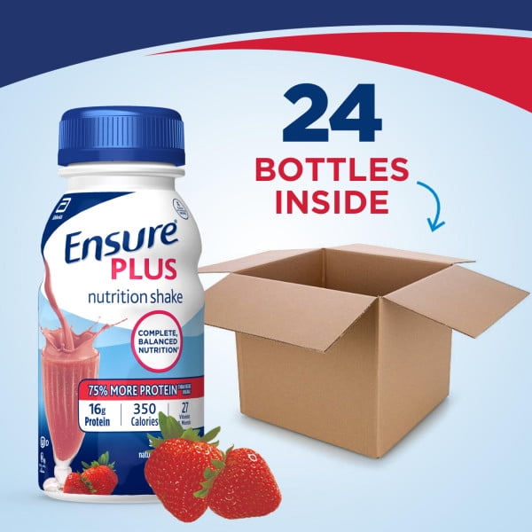 Ensure Plus Nutritional Drink with 16 Grams of High-Quality Protein, Meal Replacement Shakes, Strawberry, 8 fl oz, 24 count