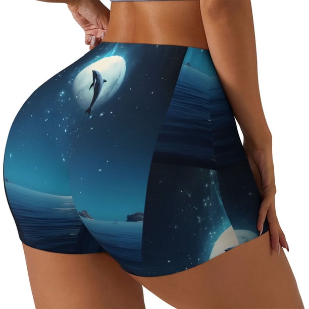 Fotbe Night Sky Moon Dolphin Shorts Sin Costuras – Shorts Deportivos de Cintura Alta para Mujer, Elásticos para Gimnasio, Yoga, Running o Ciclismo-Medium