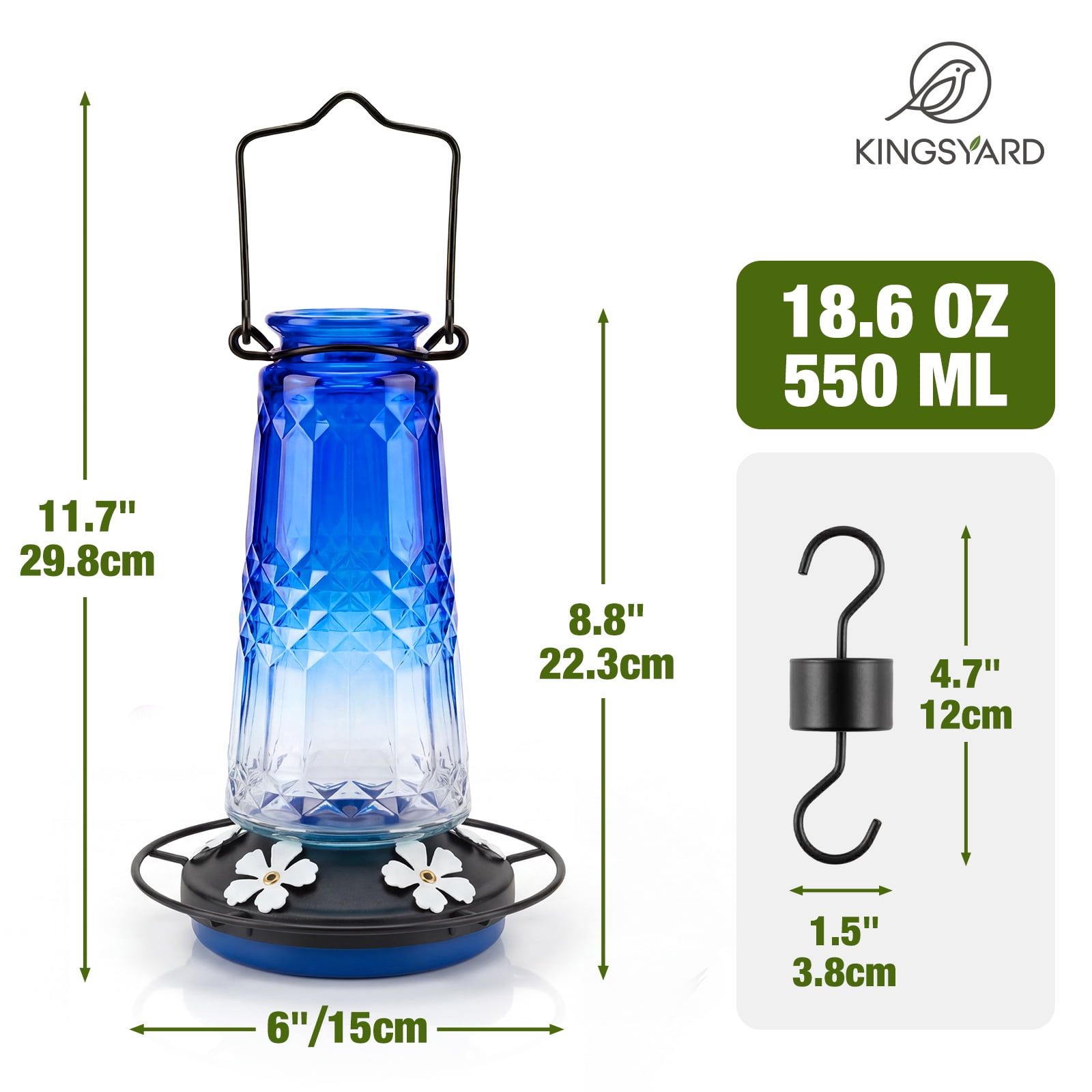 Kingsyard 18.6 oz Blue Glass Hummingbird Feeder, 5 White Ports, Ant Moat Included