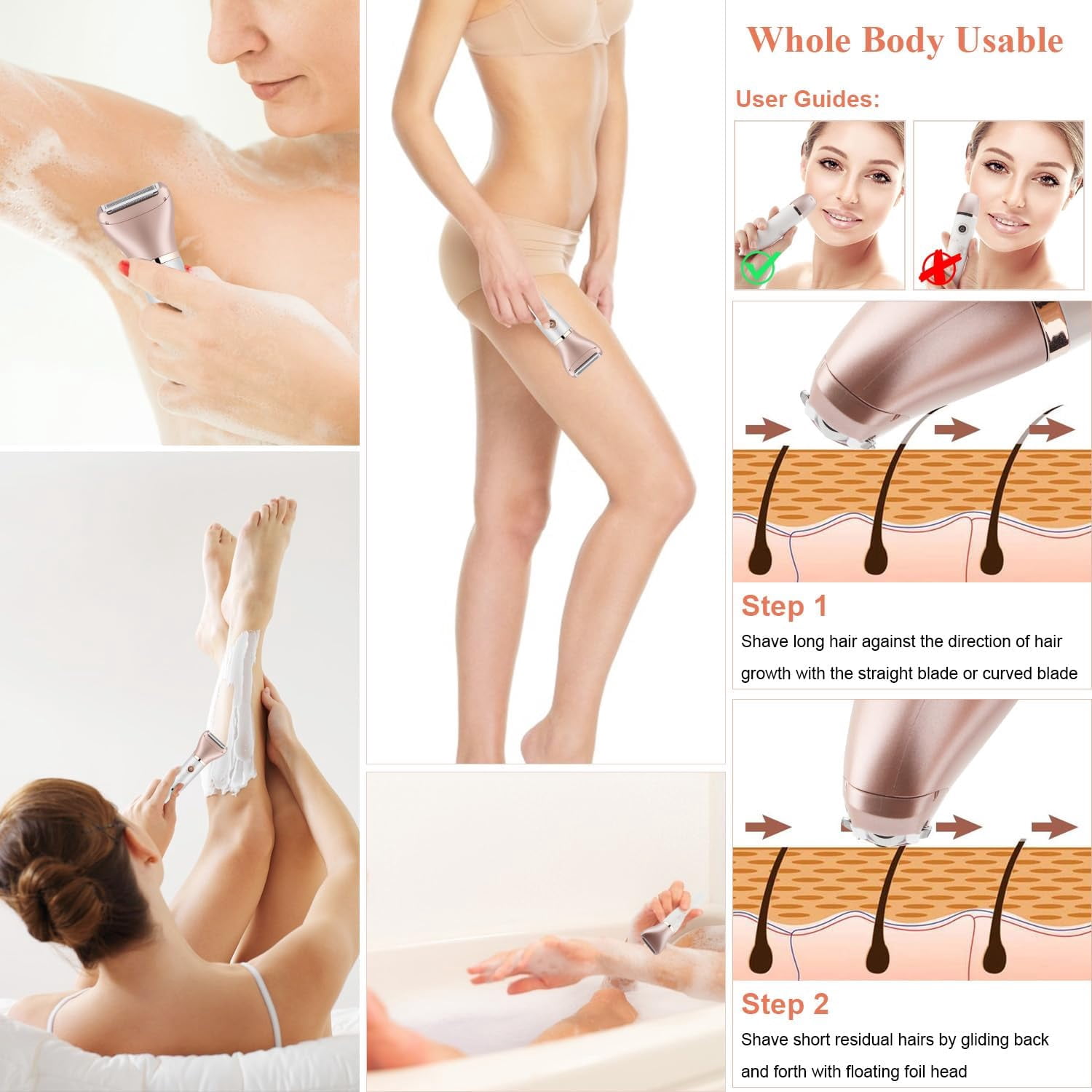 Wiher Electric Razor for Women, 2-in-1 Women Shaver Wet & Dry Painless Hair Removal Razor, Waterproof Body Hair Remover for Face Legs Underarms, Cordless Bikini Trimmer for Women (Rose Gold)
