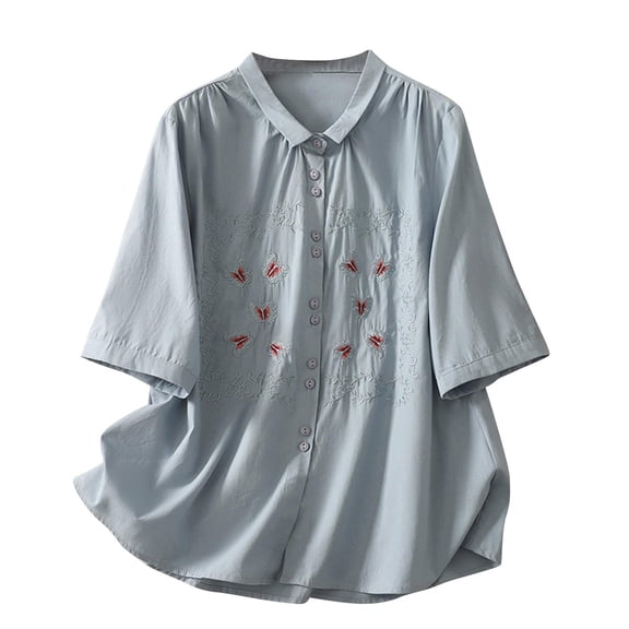 Youyipin Womens Tops Summer Embroidered Cotton Linen Blouse 3/4 Sleeve Button Lapel Dress Boho Causal Short Sleeve Shirts for Women