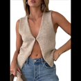 thumbnail image 3 of Top Corto de Punto Vintage Y2K para Mujer, Sin Mangas, Cuello en V, Botones Frontales Abiertos, Tejido A Crochet. Color Avena L, 3 of 8