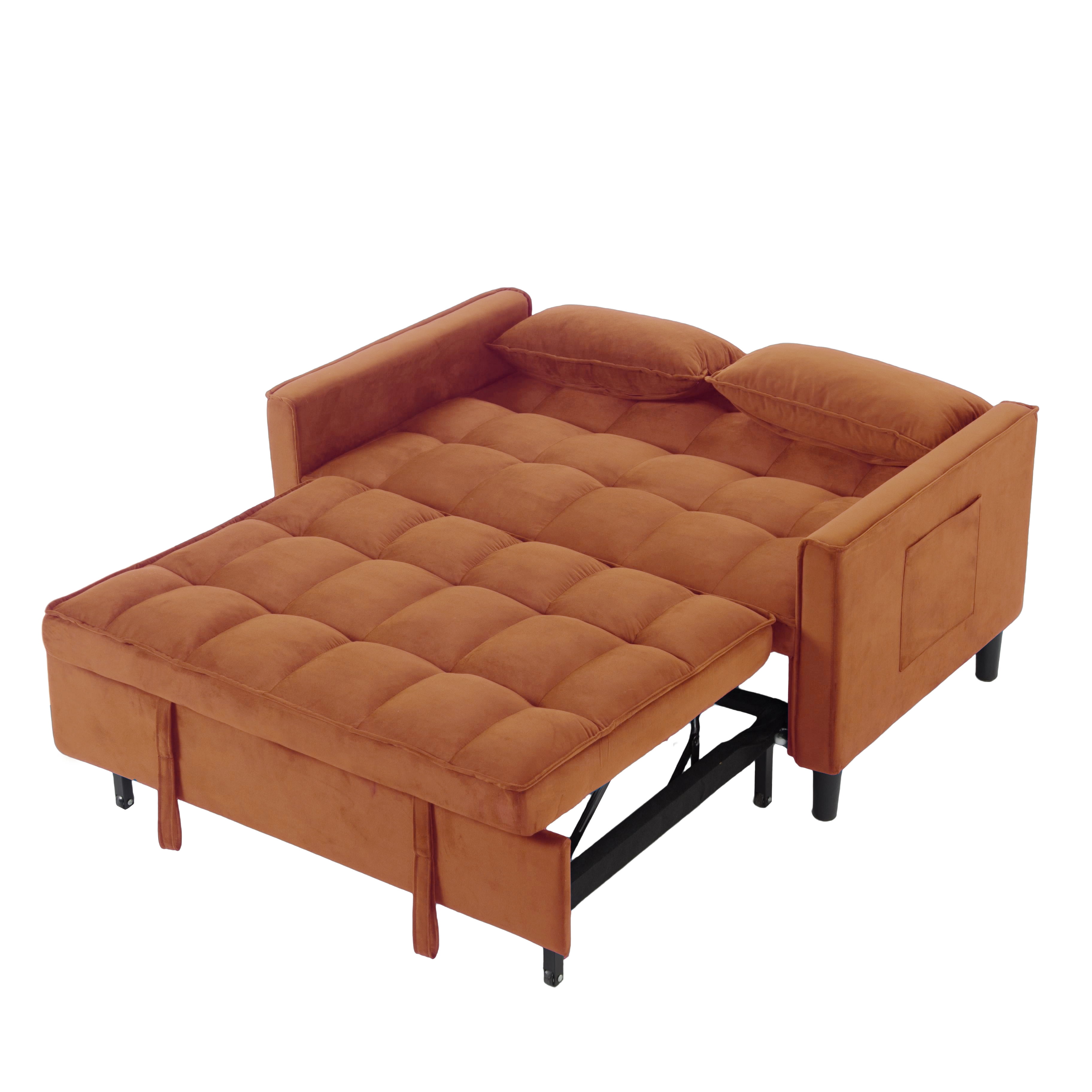 BSHTI 53.94" Pull-Out Sleeper Sofa Bed with Twin Size Bed – Velvet Upholstery, 3-Position Reclining Back, Solid Wood Frame, Side Storage Pocket, for Small Spaces, Apartment, Office,Antique Gold