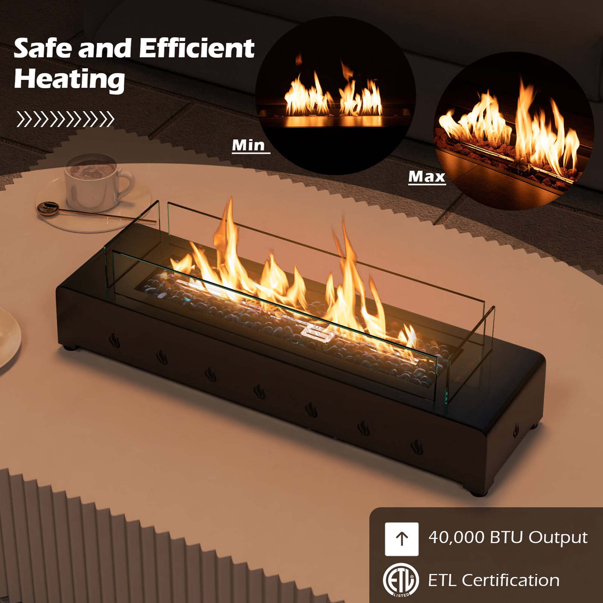 Costway 30" Tabletop Propane Fire Pit with Wind Guard Glass Rocks Stainless Steel Burner