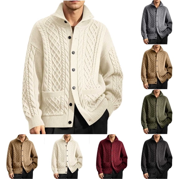 IhhxPro Men's Cable Knit Cardigan High Neck Long Sleeve Button Front Sweater with Pockets Retro Pullover for Cold Weather Layering M-4XL