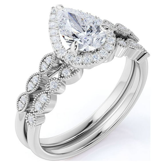 JeenMata 1.5 Carat Pear Cut Moissanite Wedding Set - Bridal Set - Art Deco Ring - Vintage Ring - Designer Ring - 18k White Gold Over Silver
