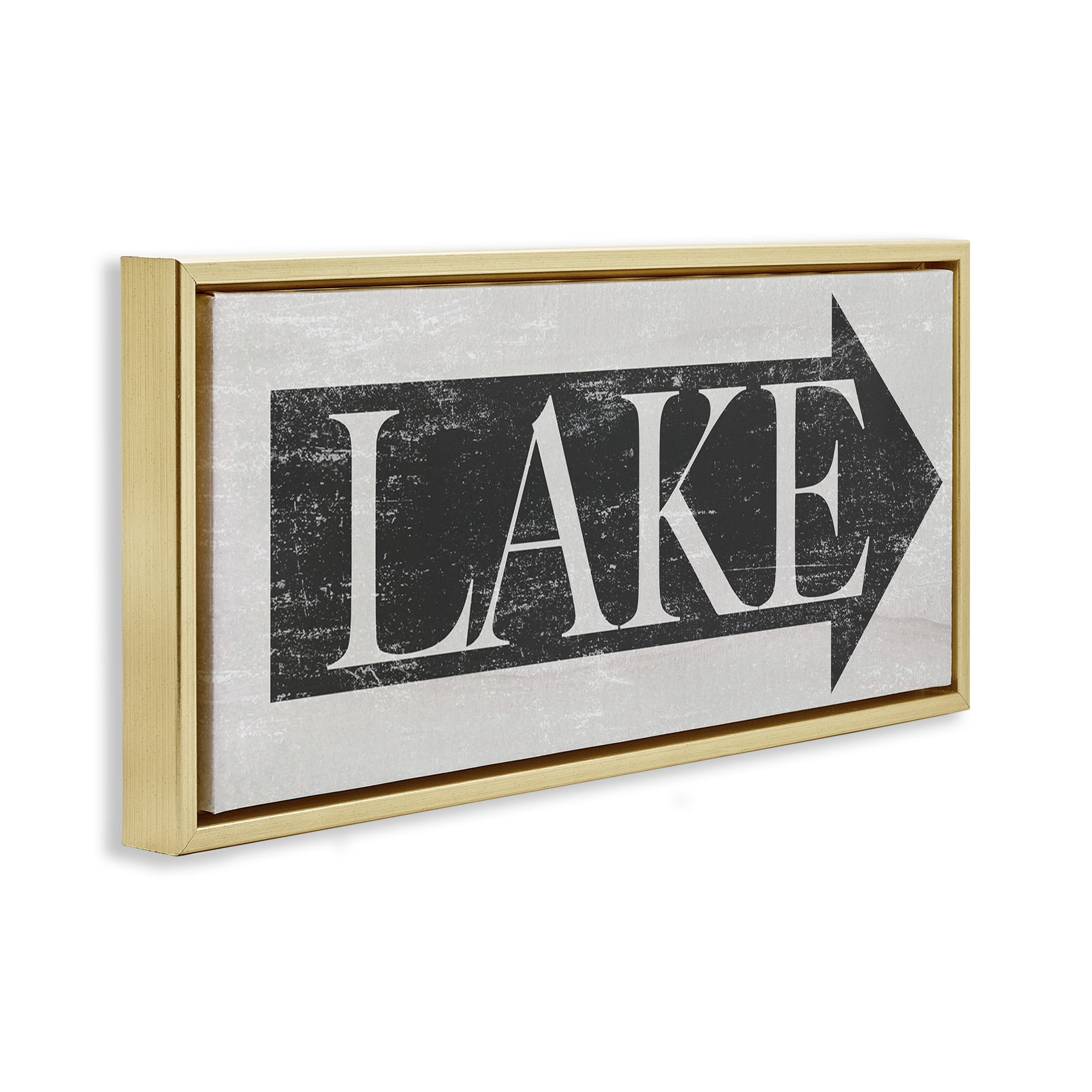 Stupell Industries Distressed Lake Arrow Sign Nature Painting Gold Floater Framed Canvas Art Print Wall Art, 25 x 11