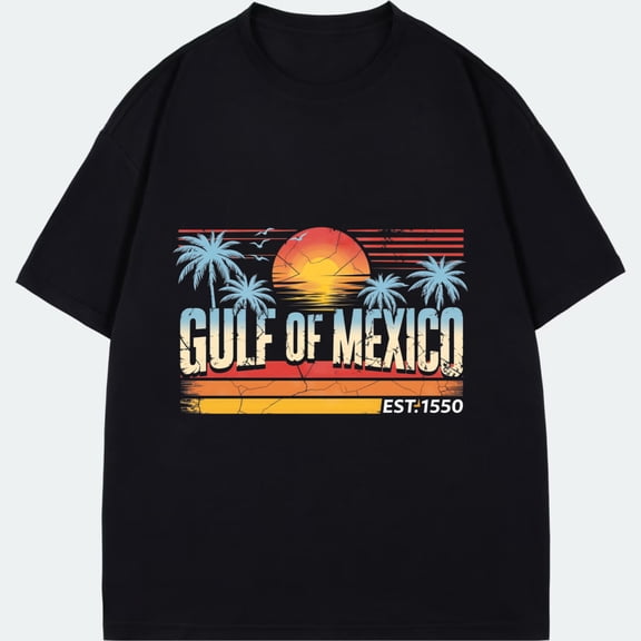 T-shirt Black Gulf Of Mexico Sunset Palm Trees And Birds Graphic Print Est 1550 Beach Vacation Travel Casual Wear