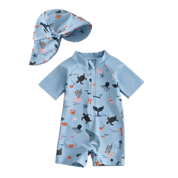 Tfken Boys Kids Swimwear Set Outfits For Summer Cute 2 Piece Rash Guard Onesie With Hats Set Short Sleeve Zipper Swimsuit Beach Swim Quick-Dry Children Soft Bathing Suits Size 12-18 Months Blue