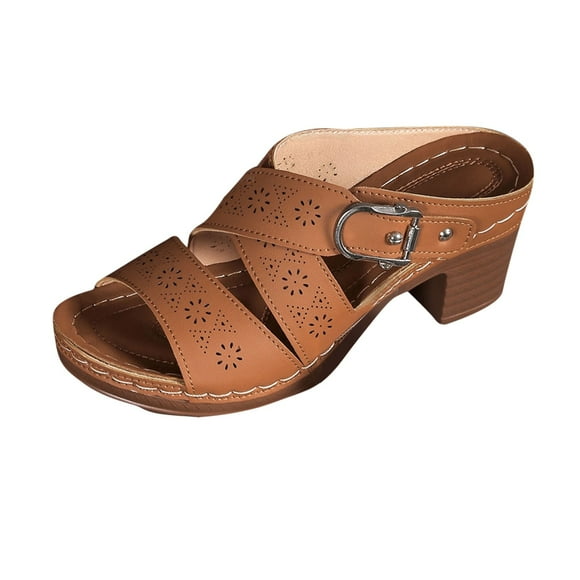 Hopeusnice High Heels Shoes for Women Non-Slip PU Materials Summer Shoes Breathable Block High Heel Soft Open Toe Sandals Women's High Heels Shoes Trendy Flexible Elegant Shoes Brown 42