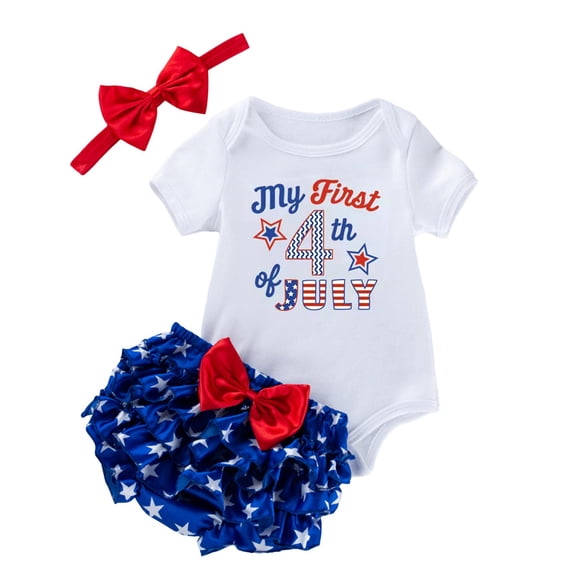 Xudanell 4th of July Baby Girl Outfits First Independence Day short Sleeve Romper Stars Shorts My 1st Fourth of July Outfit Red 0-3 Months