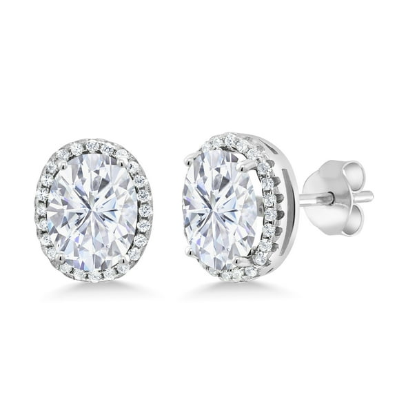 Gem Stone King 4.68 Cttw White Moissanite Stud Halo Earrings for Women | 925 Sterling Silver | Oval 9X7MM