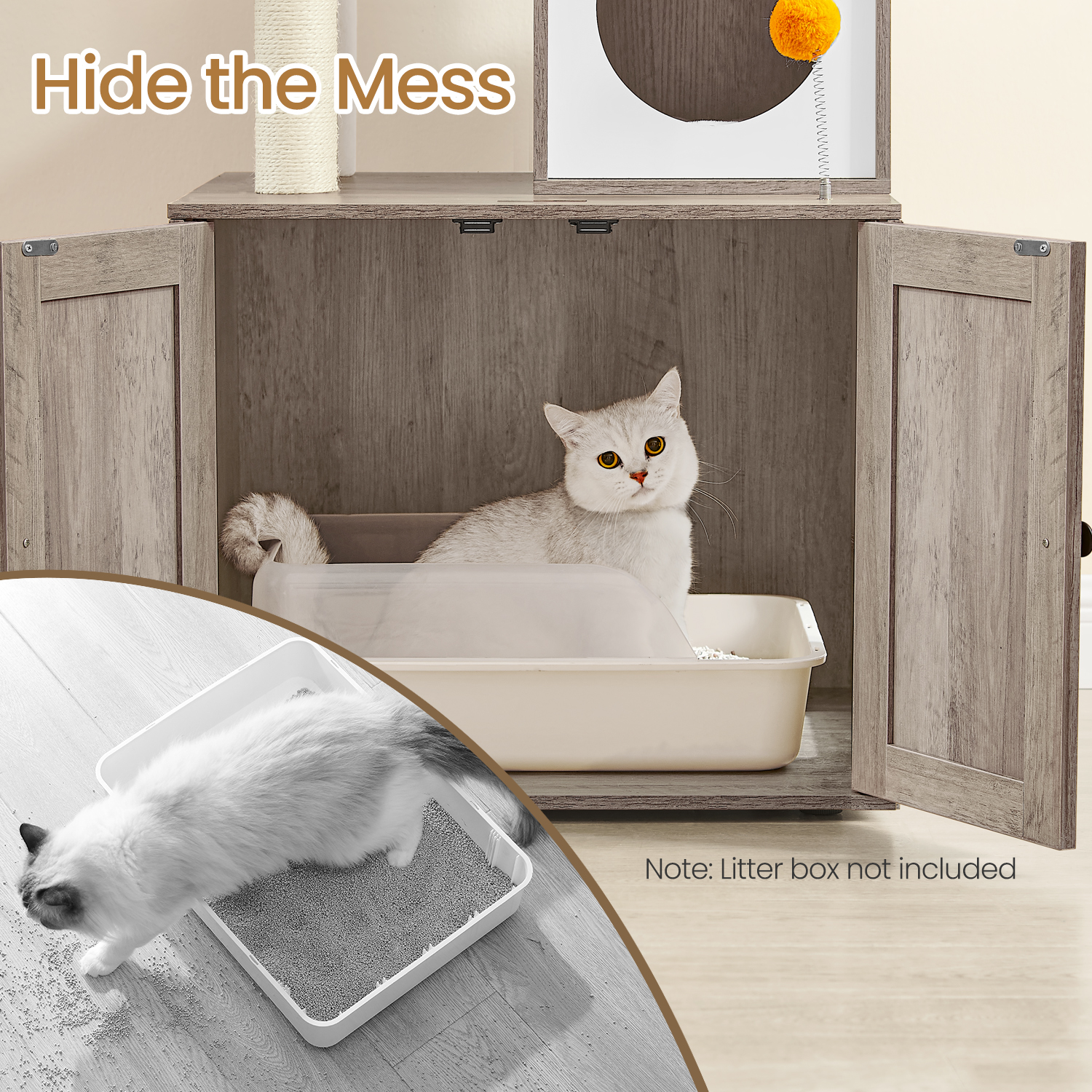 LEDREM Modern Cat Tree with Litter Box - 70.8" 2-in-1 Cat Tower, Scratching Posts & Washable Cushions, Space-Saving Design, Heather Greige