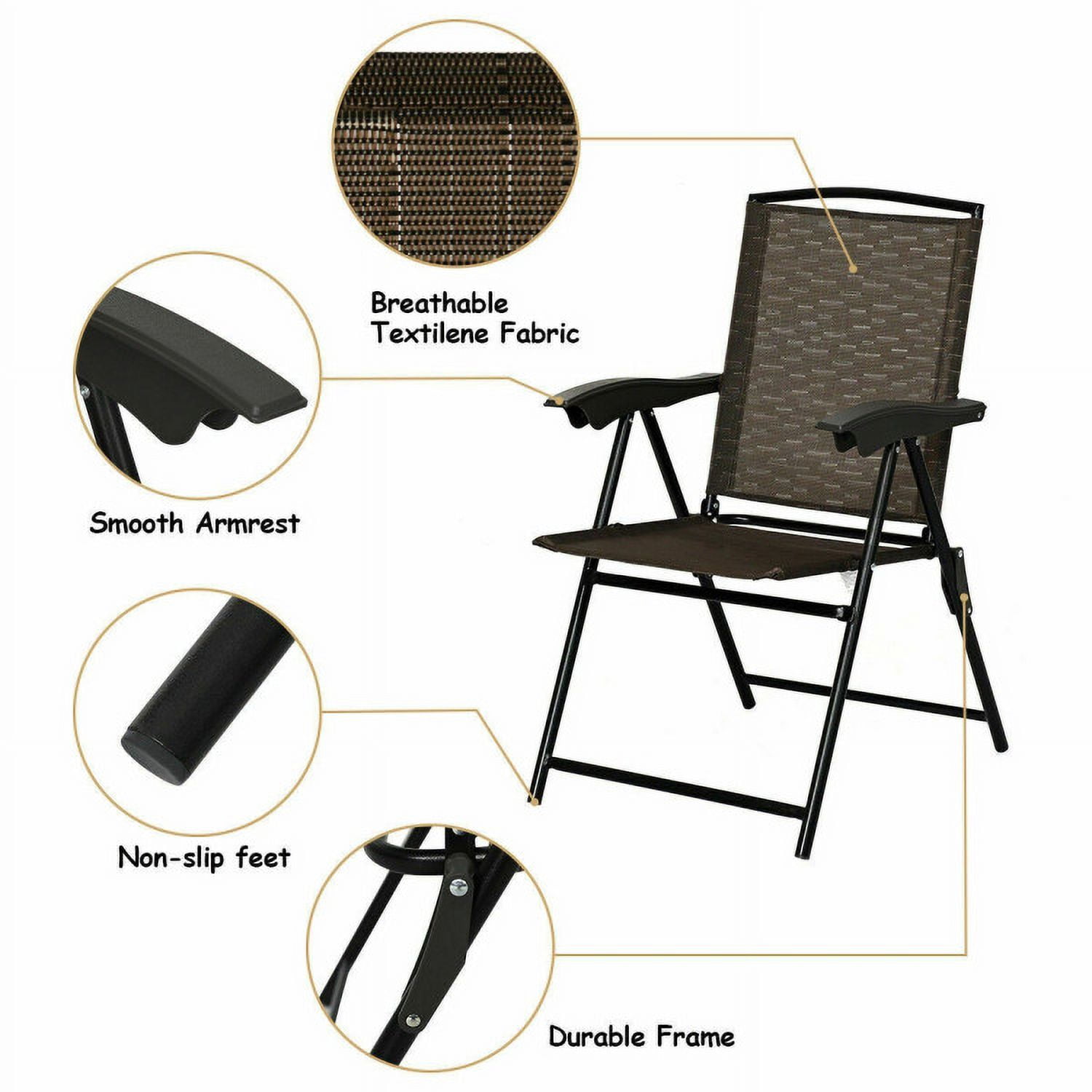 Aimee Lii 2 Pieces Folding Sling Chairs with Steel Armrests and Adjustable Back for Patio, Outdoor Patio Set