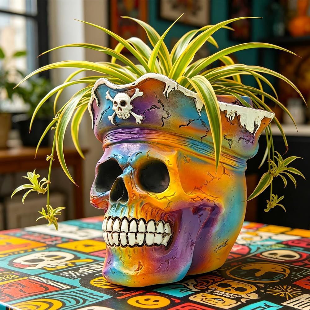Pirate Skull Planter Flowerpot with Drainage Hole for Gothic Home Decor