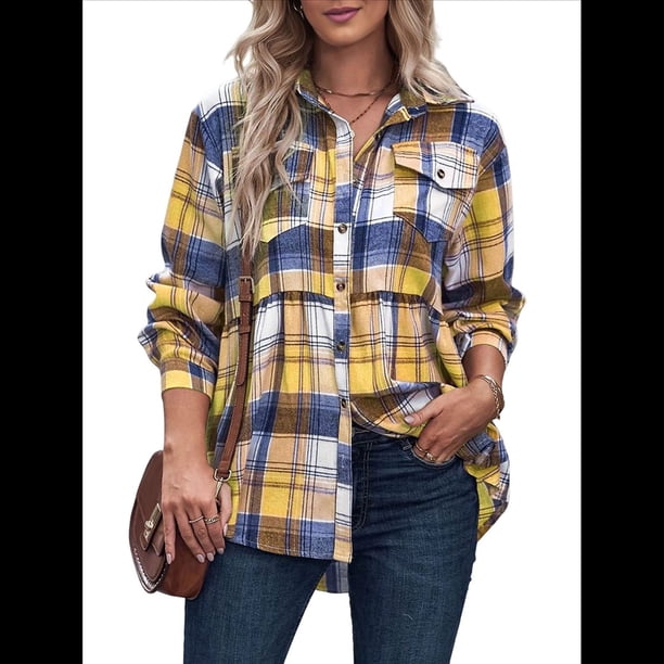 Camisas A Cuadros para Mujer, de Larga, con Botones, Estilo Babydoll, Peplum, Blusas Informales Extragrandes con Bolsillos Amarillo L