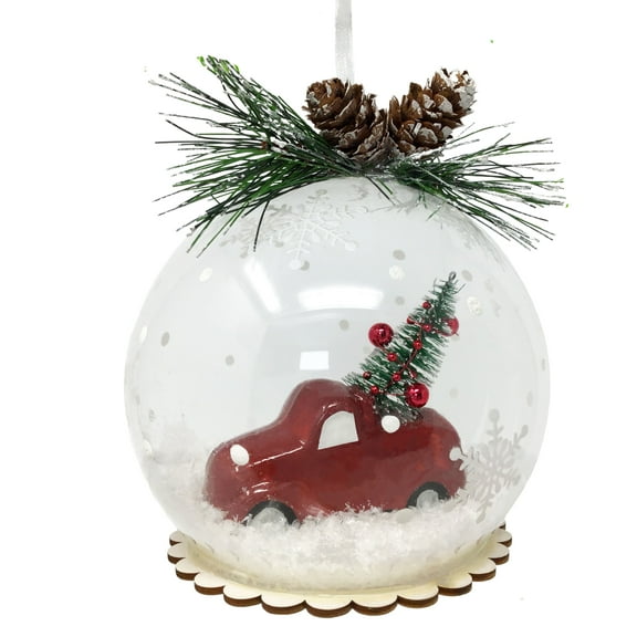 Red Truck Ornament - Christmas Tree Ball Ornament with Pine Cones and Greenery - White Snow Filled Bulb with Glittery Painted Snowflakes
