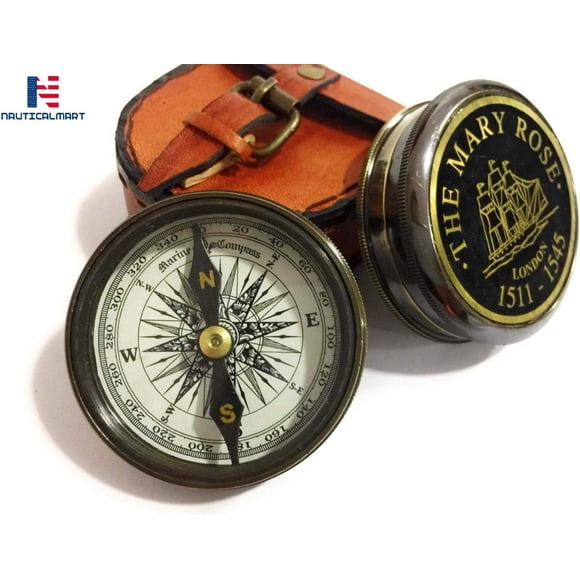 Brass Compass The Mary Rose London Compass with Leather Case Marine Nautical Gift